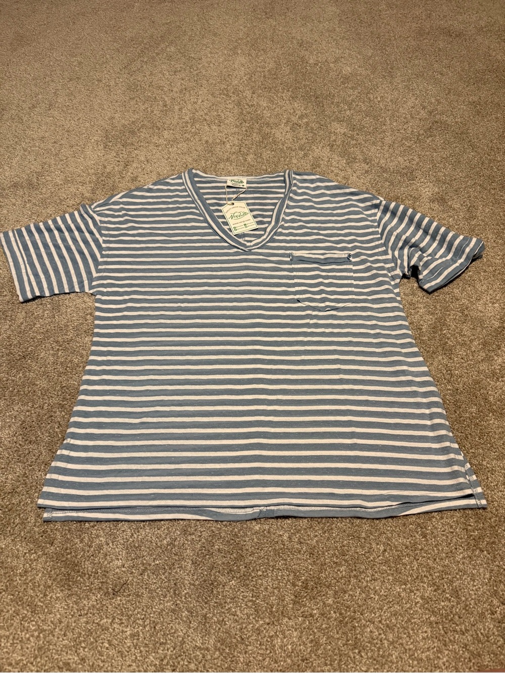 New’m Women’s Light Blue and White Striped V-Neck Tee